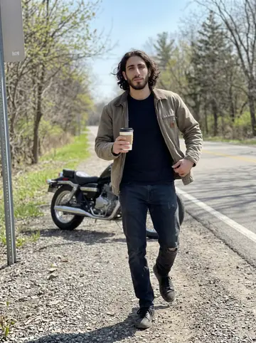 Abdullah, AI character: a quiet two-lane road outside Detroit during a Sunday ride stop, the motorcycle parked behind him near…