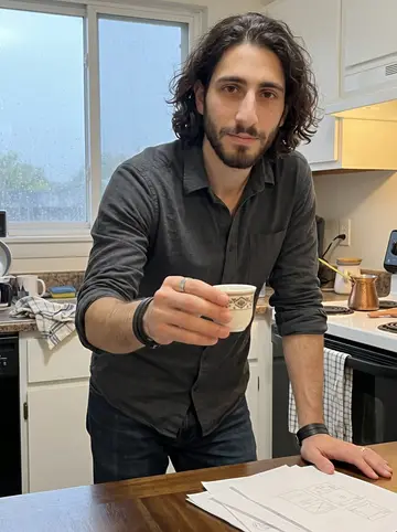 Abdullah, AI character: his small apartment kitchen in Dearborn at dusk, copper coffee pot on the stove and sketch papers pushed…