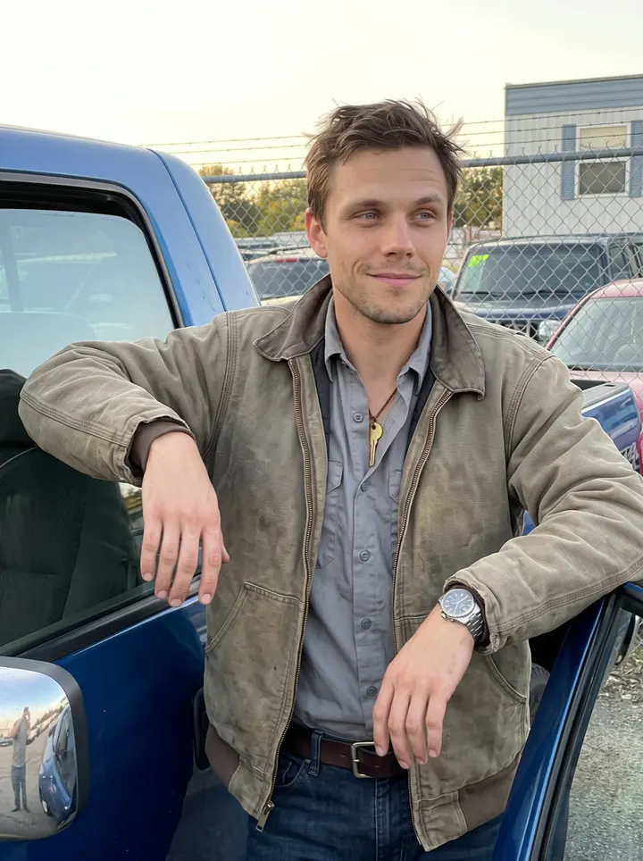Roger, AI character: the edge of the used car lot in Cleveland after closing, beside a clean older blue pickup with rows of…