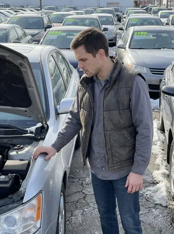 Roger, AI character: between two rows of cars on the Cleveland used car lot, hood of a silver sedan open in front of him