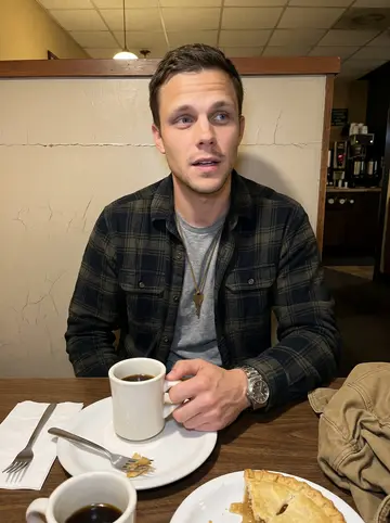 Roger, AI character: a small 24-hour diner booth in Cleveland after a bad night, coffee cup and half-finished pie on the table