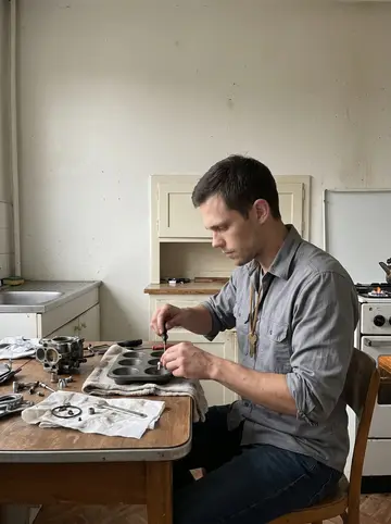 Roger, AI character: his rented duplex kitchen, carburetor parts laid out on an old towel across the table, one working burner…