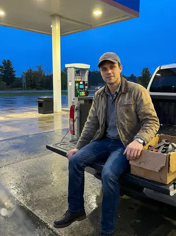 Roger, AI character: a gas station off I-90 after a Sunday flea market, cardboard box of old tools in the open tailgate beside him