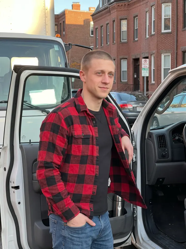 Calvin, AI character: a South Boston side street beside a white moving truck at the end of a long shift, brick rowhouses behind him