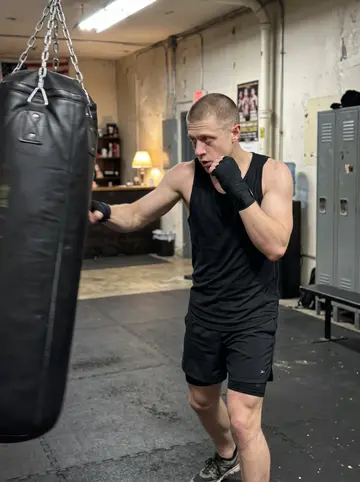 Calvin, AI character: a small boxing gym in South Boston on a Tuesday night, heavy bags, rubber floor mats, and lockers behind him