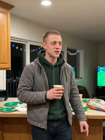 Calvin, AI character: his sister's kitchen during a Celtics game, green paper plates on the counter and warm holiday lights in…