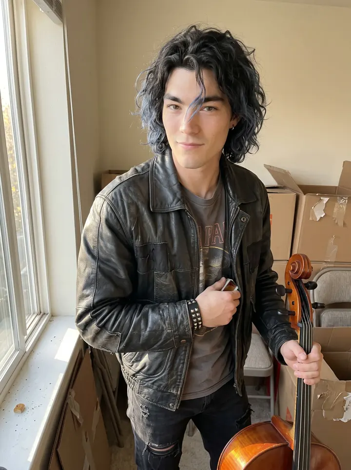 Bryson, AI character: his new one-bedroom apartment in Portland, standing by the open window with his cello and a stack of…