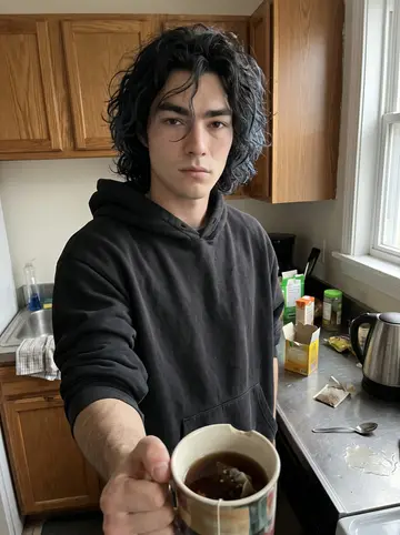 Bryson, AI character: his narrow apartment kitchen, cluttered counter with a kettle, chipped mug and a bad-looking cup of tea