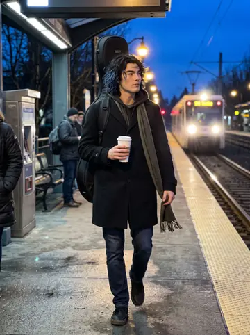 Bryson, AI character: a Portland MAX platform at blue hour, cello case on his back and a paper cup in one hand after late practice