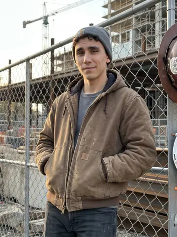 Lincoln, AI character: outside a Pittsburgh job site after the shift, leaning against a temporary fence with steel beams and a…
