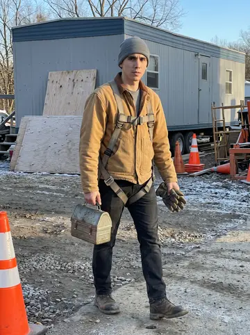 Lincoln, AI character: on a cleared ground-level section of a construction site in western Pennsylvania, early morning frost on…