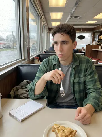 Lincoln, AI character: a chrome roadside diner booth in Pennsylvania, rain streaking the window beside him, a slice of pie and a…