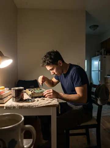 Lincoln, AI character: his small apartment kitchen table late at night, an old radio opened up on a towel, coffee can of bolts…