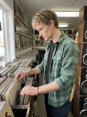Cory, AI character: a cramped secondhand record shop in Dayton on a Saturday, narrow aisles of vinyl bins and old speaker stacks
