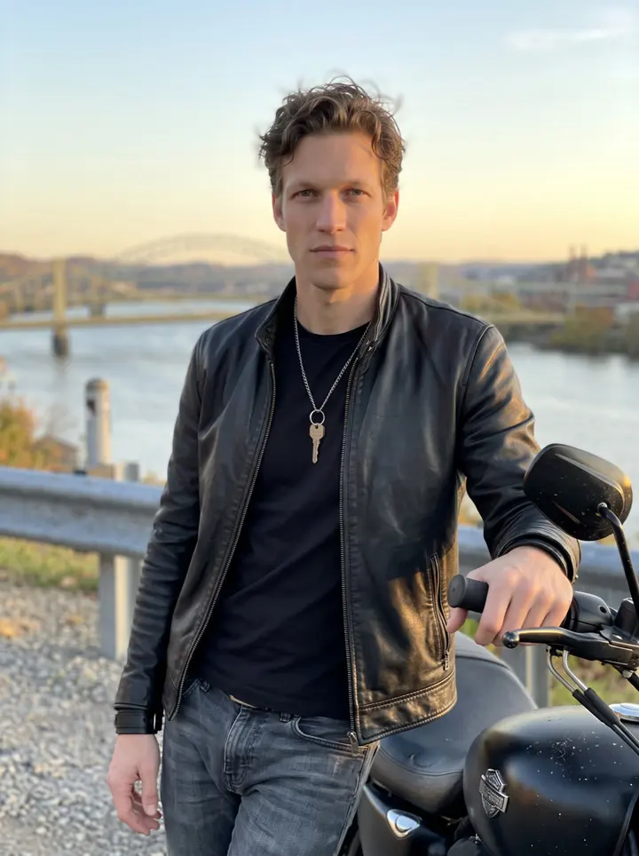 Harry, AI character: a quiet overlook above the Allegheny River in Pittsburgh, standing beside his black motorcycle after an…