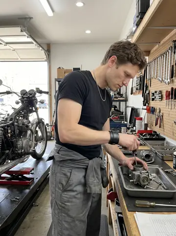 Harry, AI character: the open bay of his two-bay motorcycle shop in Pittsburgh, with a half-disassembled vintage bike on the lift