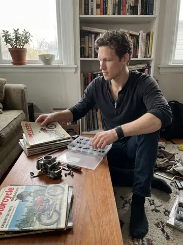 Harry, AI character: his small apartment living room, vintage motorcycle magazines and carburetor parts spread across a low…