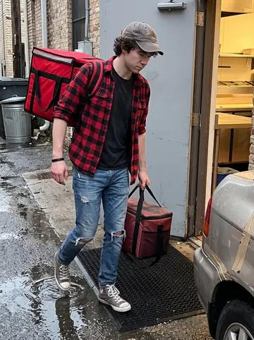 Blake, AI character: back door of an Austin pizza shop during a damp evening delivery rush