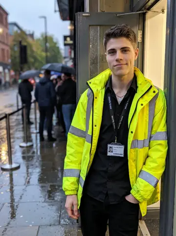 Brett, AI character: outside a busy Manchester club entrance just before his shift, wet pavement and queue barriers behind him