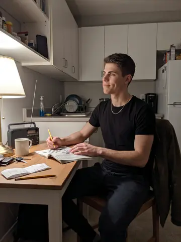 Brett, AI character: his small flat kitchen late at night, a crossword book open beside a cheap radio on the table
