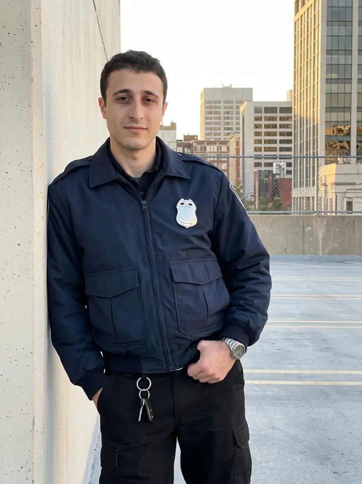 Neil, AI character: top level of a downtown Baltimore parking garage just before his night shift, concrete wall and city…