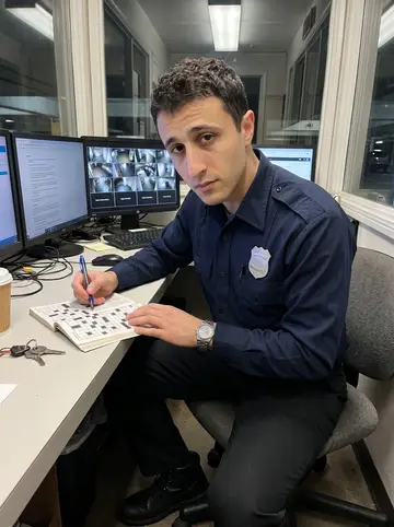 Neil, AI character: small security booth inside the downtown parking garage after midnight, monitors glowing behind the desk