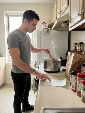 Neil, AI character: small one-bedroom Baltimore apartment kitchen on Sunday morning, pot of chili on the stove and grocery…