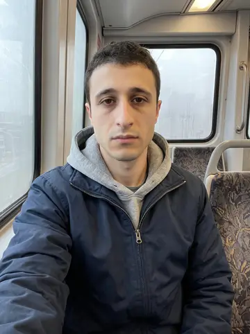 Neil, AI character: Baltimore light rail seat on the way home after an overnight shift, fogged morning window behind him