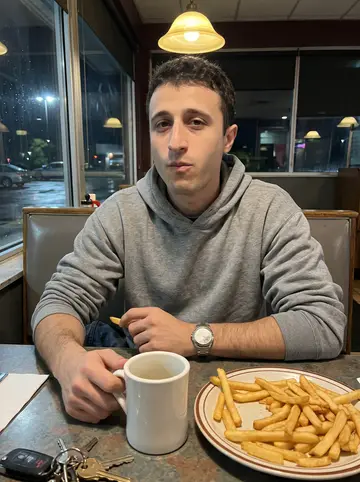 Neil, AI character: late-night diner near the parking garage after his shift, vinyl booth, coffee mug and half-finished fries…