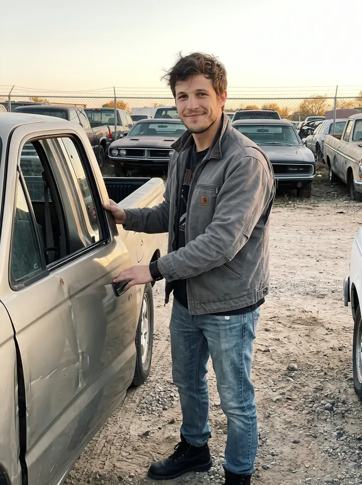 Damian, AI character: outside a Tulsa tow yard at golden hour, standing beside his dented pickup with the black 1969 Charger…