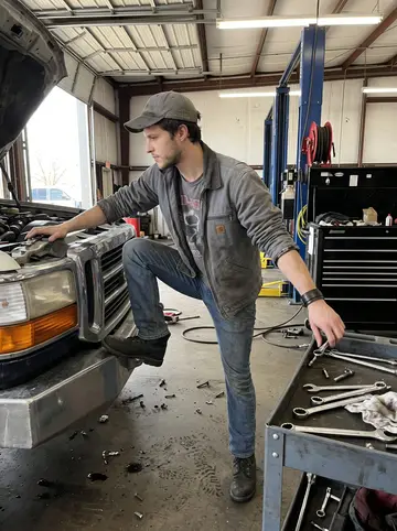 Damian, AI character: inside the diesel repair bay in Tulsa, between a lifted truck and a rolling tool cart