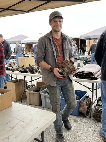 Damian, AI character: Saturday swap meet on the edge of Tulsa, rows of folding tables with old truck parts and cardboard boxes
