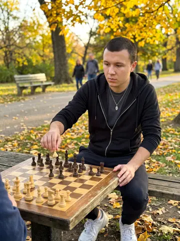 Mohammed, AI character: a worn picnic table in Tower Grove Park where he plays chess with older men on weekends