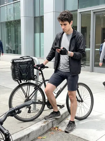Curtis, AI character: downtown Seattle sidewalk outside an office building, a delivery bag clipped to his bike rack