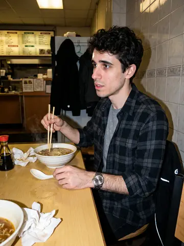 Curtis, AI character: a cheap noodle shop in Seattle's International District, crowded table with bowls and paper napkins