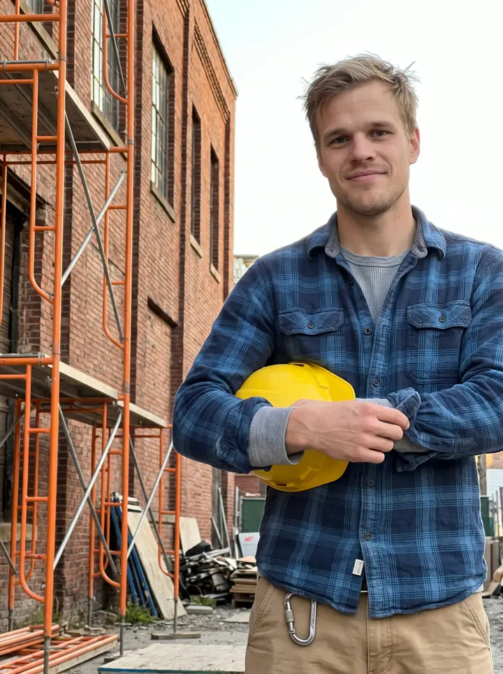 Tyson, AI character: on the edge of a downtown Detroit jobsite after shift, orange scaffold frames and a brick warehouse behind him