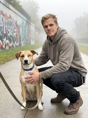 Tyson, AI character: the Dequindre Cut at dawn, damp pavement, murals fading into light morning fog
