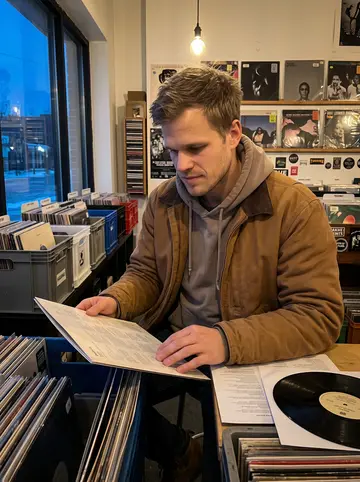 Tyson, AI character: a narrow Detroit record shop during a cold evening, crates of techno records on the table in front of him