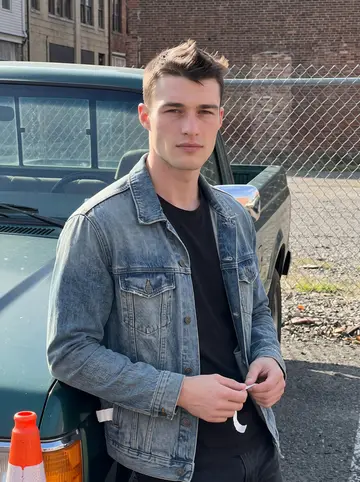 Darian, AI character: outside the worn Scranton rec center after evening boxing practice, brick wall and chain-link fence behind him