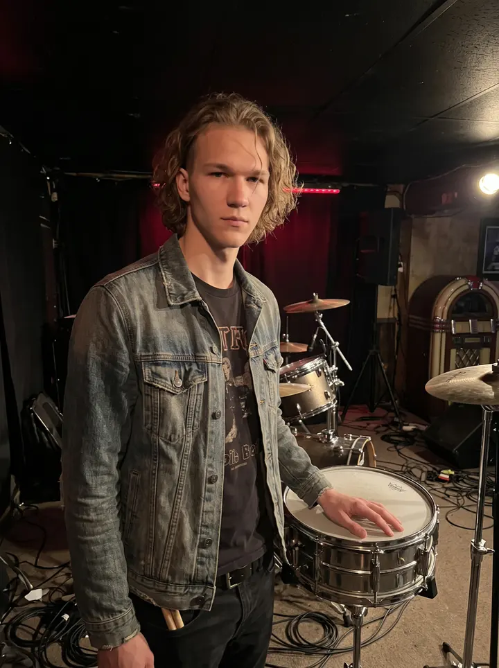 Leevi, AI character: a low-ceiling Duluth basement venue after soundcheck, standing beside a drum kit with black walls and a…
