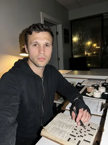 Eugene, AI character: the gym front desk on a rainy afternoon, waiver clipboard, tape rolls, and an open crossword on the counter