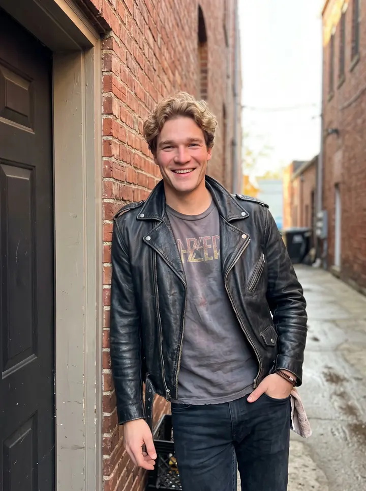 Gijs, AI character: the back doorway of his dive bar in Holland, Michigan, standing half outside with the alley and old brick…