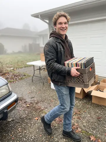 Gijs, AI character: an estate sale driveway on a foggy morning, walking back toward his car with a milk crate full of vinyl…