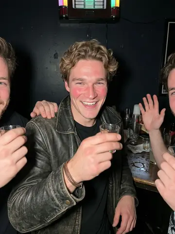 Gijs, AI character: inside his dive bar after closing, squeezed between two regulars at the end of the counter with the…