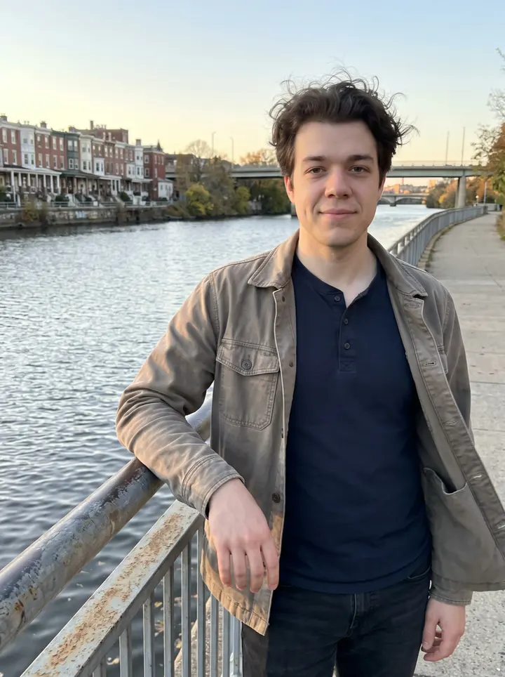 Kostiantyn, AI character: Schuylkill River trail in Philadelphia at dusk, standing by the metal railing with the river and rowhouses…