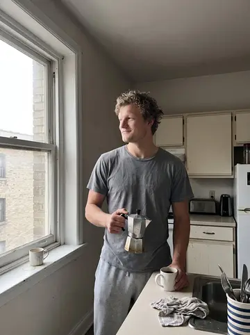 Tor, AI character: the kitchen of his new flat in Stavanger, standing at the window, a dented old stovetop coffee pot on the…