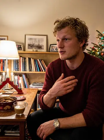 Tor, AI character: his mother's living room in Eiganes at Christmas, a small tree with lights and an advent candle holder on…