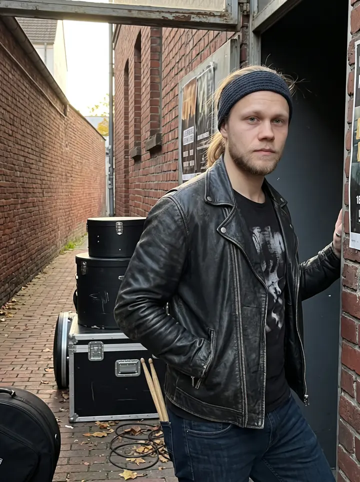 Verneri, AI character: the side doorway of a small live venue in Cologne after soundcheck, brick alley behind him and drum cases…