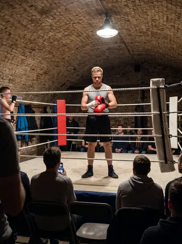 Alfred, AI character: a basement boxing club under a small Aarhus bar, concrete wall, hanging heavy bag, folding chairs and damp…