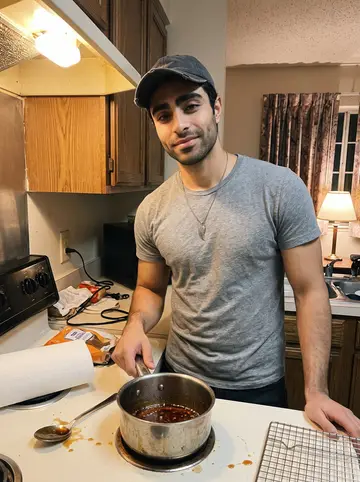Tariq, AI character: a small Lubbock motel kitchenette after a night flight, a saucepan of honey candy cooling on the counter